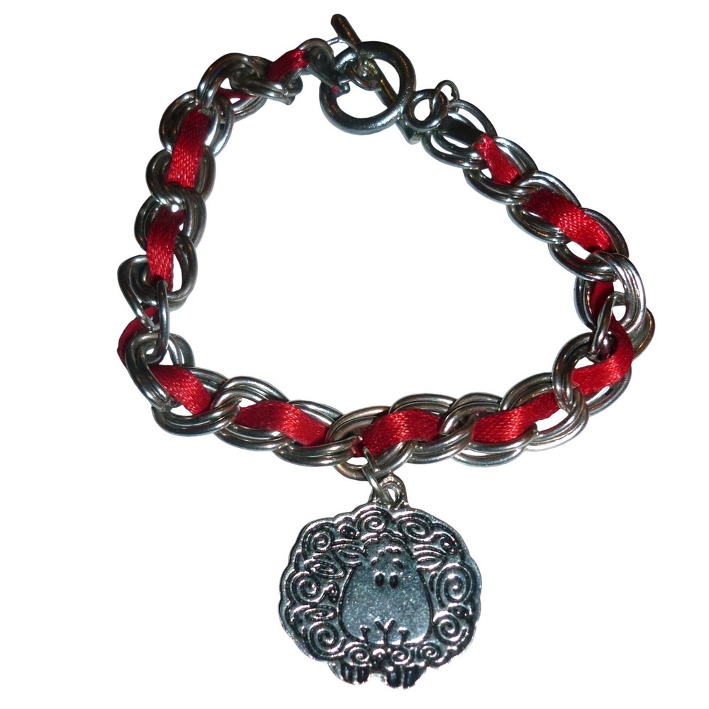 Catherines Sheep Charm Bracelet Red Ribbon Woven Silver‎ Tone Link Toggle